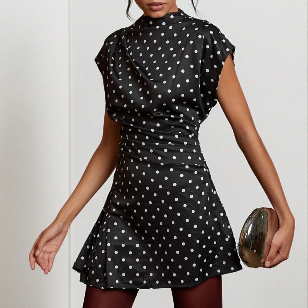 Black And White Casual Women's Stand Collar Print Mini Dress - Picture 1 of 7